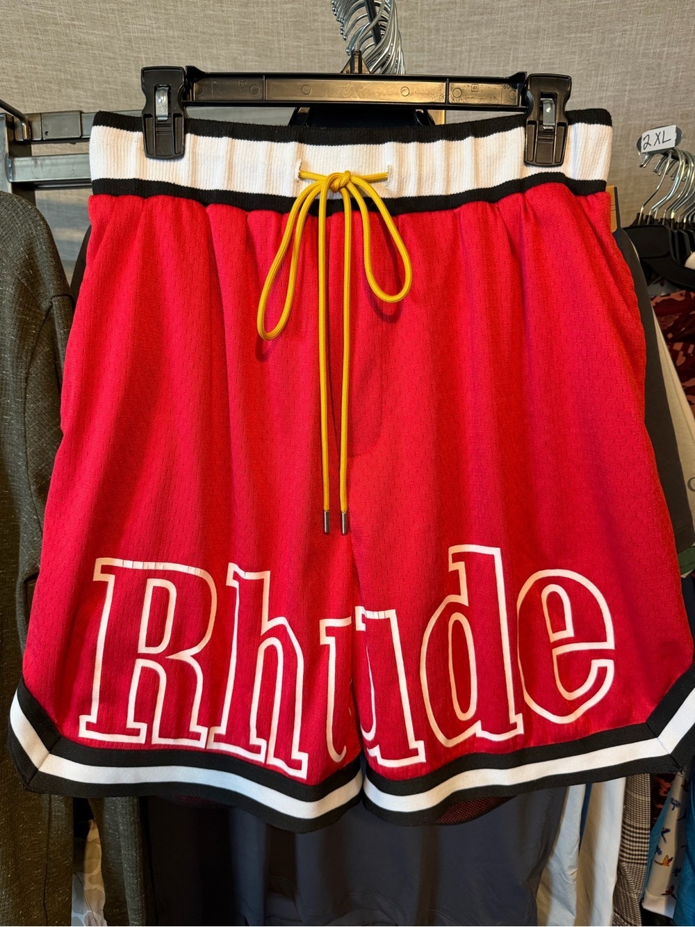 Men’s Rhude Red Athletic Shorts with Yellow Drawstring size XL